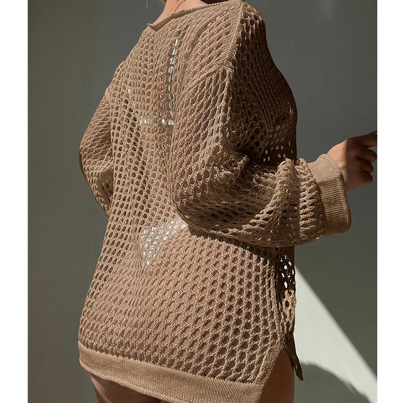 Knitting Loose Swimsuit Cover-Ups Sexy Hollow Out Round Collar Top Women Summer Beach Holiday Fashion Sunscreen Smock Top