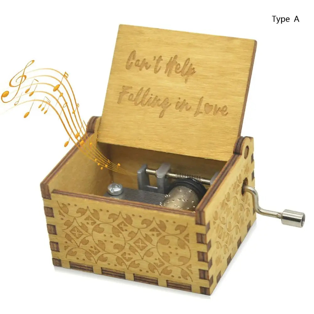 Wooden Hand-Cranked Music Box Vintage Engraving Music Box Can't Help Falling in Love Valentines Day Gift Birthday Presents
