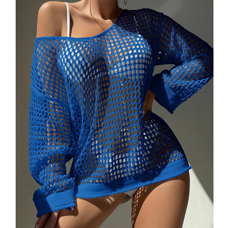 Knitting Loose Swimsuit Cover-Ups Sexy Hollow Out Round Collar Top Women Summer Beach Holiday Fashion Sunscreen Smock Top