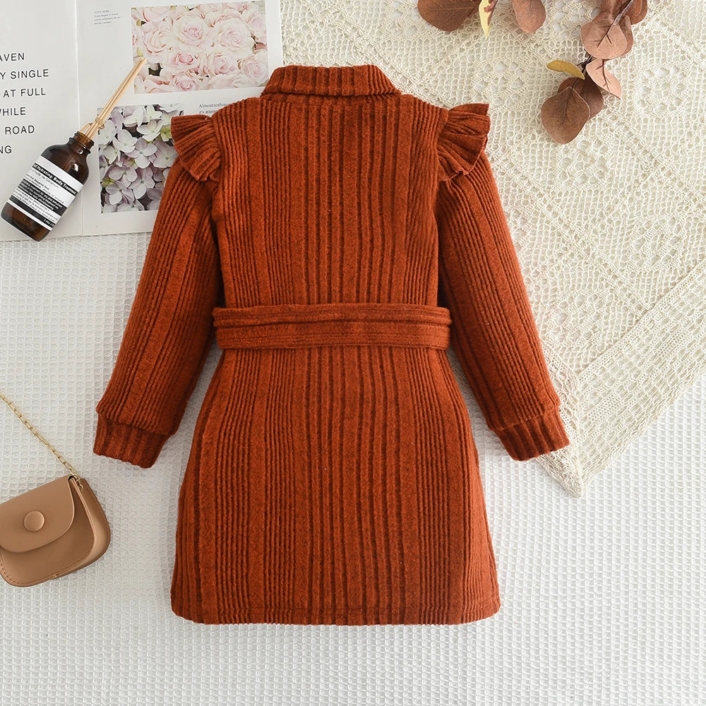 Girls' Woolen Dress 2023 New Children's Autumn Winter New High Neck Flying Sleeve Lace up Knitted Long Sleeve Dress