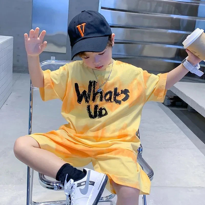 2024 New Boy Summer Quick dry Suit Children Streetwear what's up Short Sleeve TShirt + Shorts Two piece Sports Set Loose Outfits