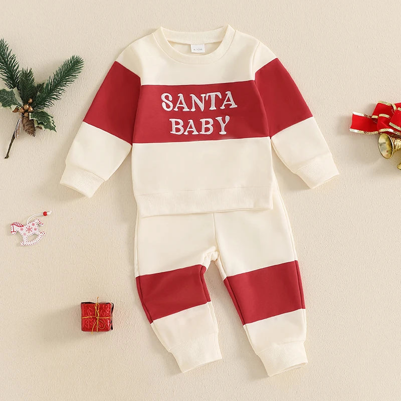 1-4Years Kids Baby Boy Girl Christmas Outfits Letter Embroidery Contrast Color Long Sleeve Sweatshirt+Elastic Pants 2 Piece Set