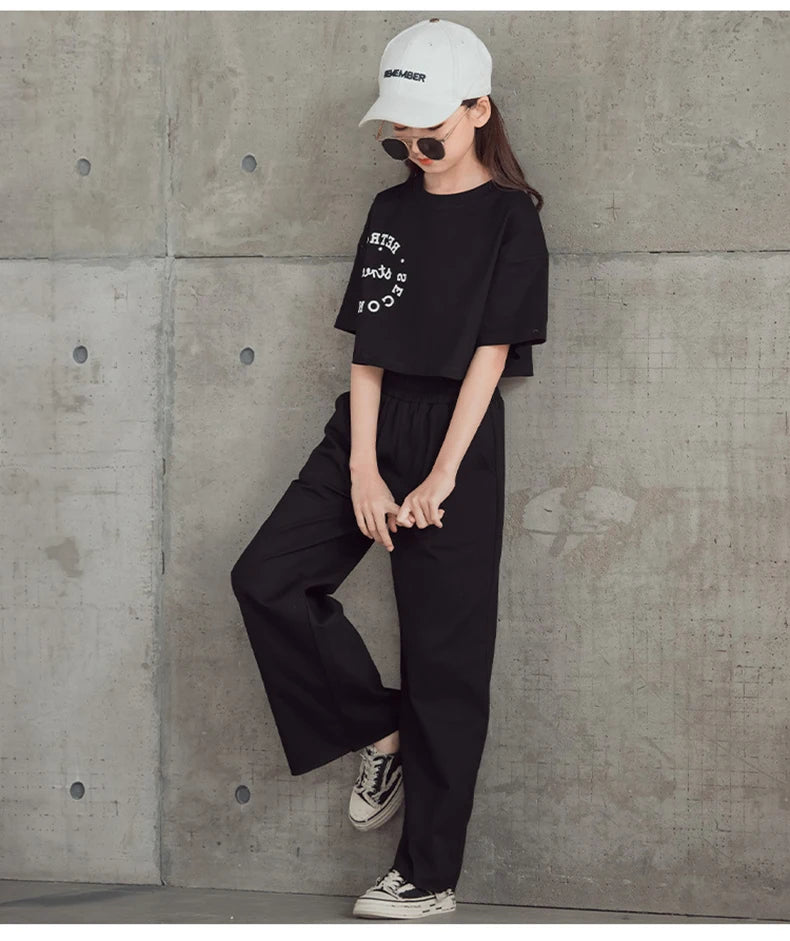 2024 New Spring Summer Teenager Girls Clothing Sets Children Short Tops T Shirt + Pants 2Pcs Kids Tracksuit 5 6 8 10 12 14 Years