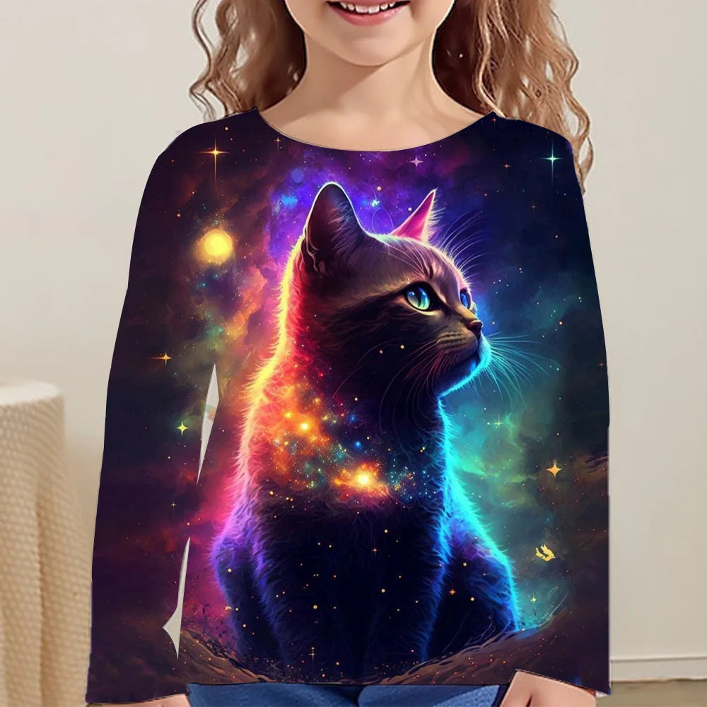 Children Clothes Girl Long Sleeve T-Shirt for Girls 2024 Kids Clothes One Piece Graphic T Shirts Cat Girls Clothes 2 to 8 Years