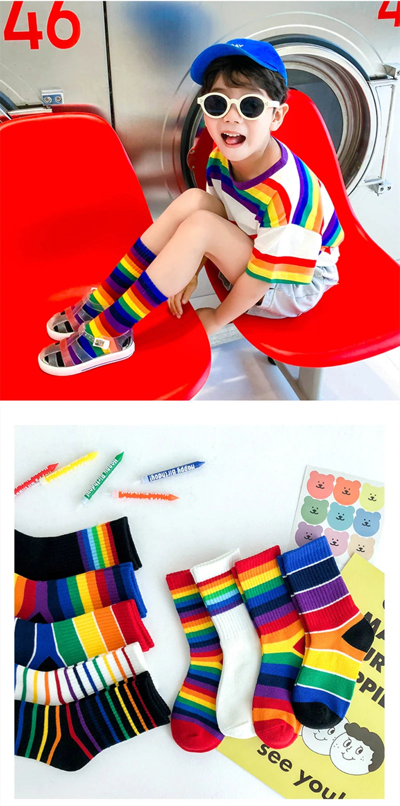 Fashion Rainbow Socks for Kids Spring Summer Colourful Stripe Breathable Cotton Girls Boys Tube Socks School Long Socks 1-8 Year