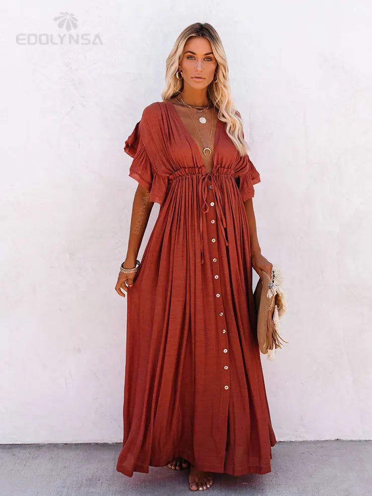 Embroidery Kaftan Beach Tunic Beach Cover up Saida de Praia Swimsuit Women Bikini cover up Pareo Sarong Beachwear Q882