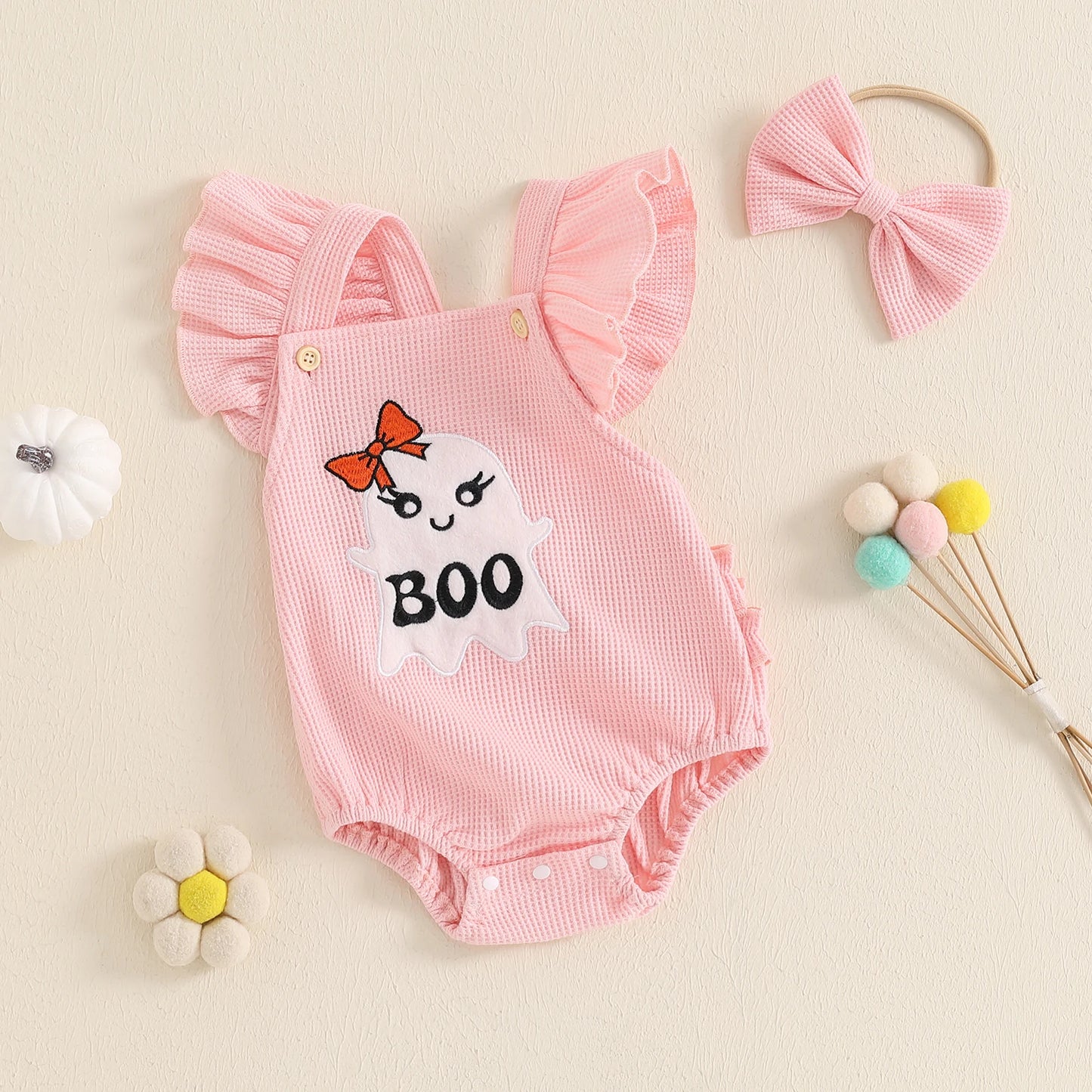BeQeuewll Flying Sleeve Newborn Baby Girls Bodysuit Cute Infant Outfits Embroidery Ghost Romper with Hairband Halloween Clothes