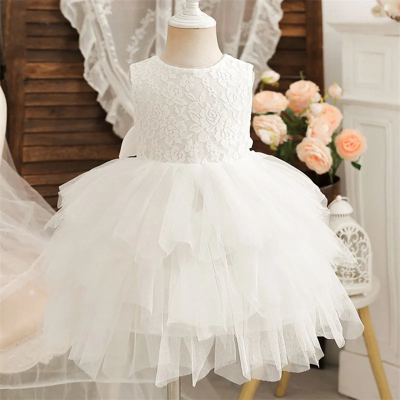 Flower Girl Dresses for Wedding Kids Lace Backless Tulle Tutu Princess Prom Party Clothes Baby 1st Birthday Baptism White Dress