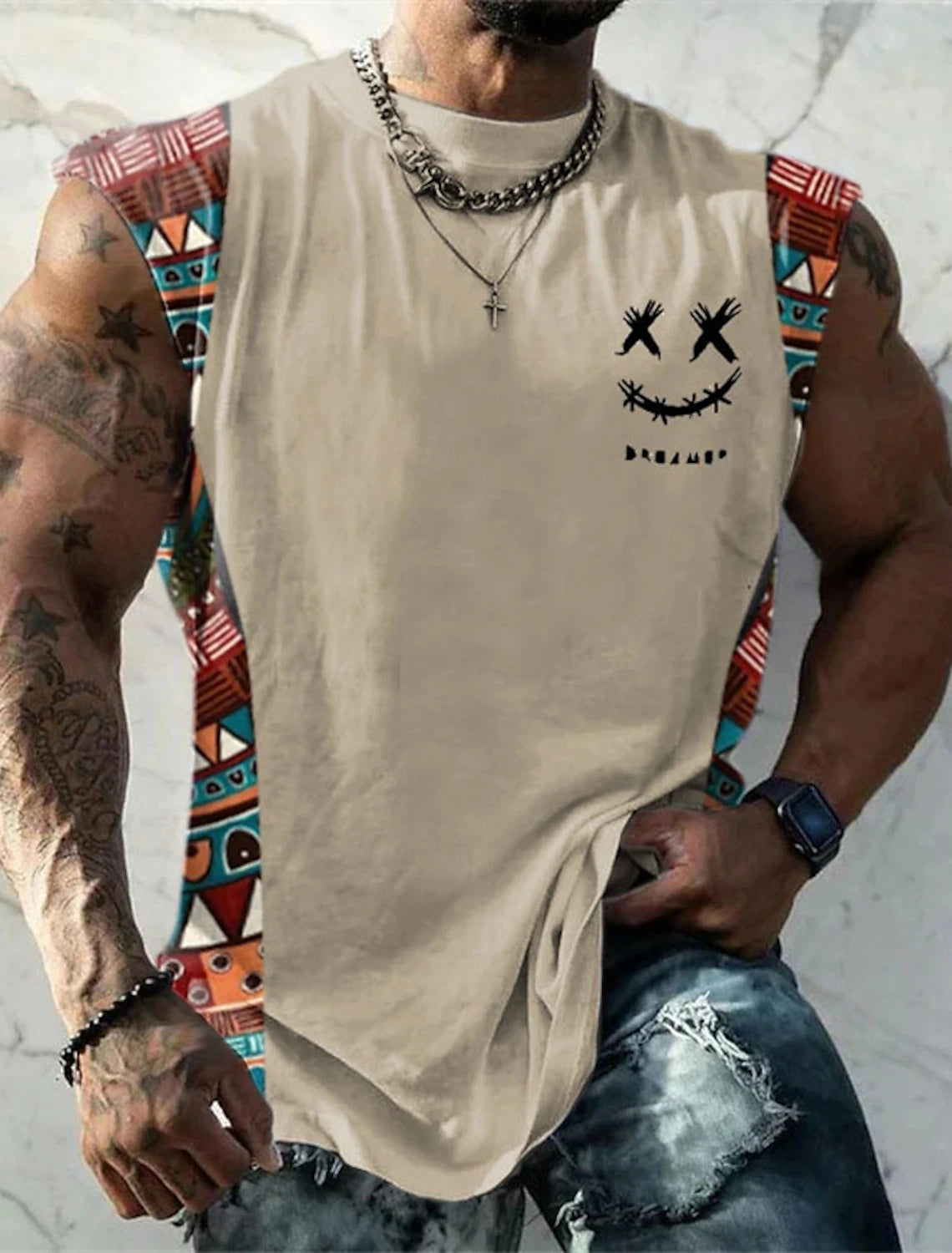 Summer New Men's Vest T Shirt Patterned Tribal Round Neck Clothing Daily Fitness Sports Vintage Sleeveless Printed Ethnic Tops