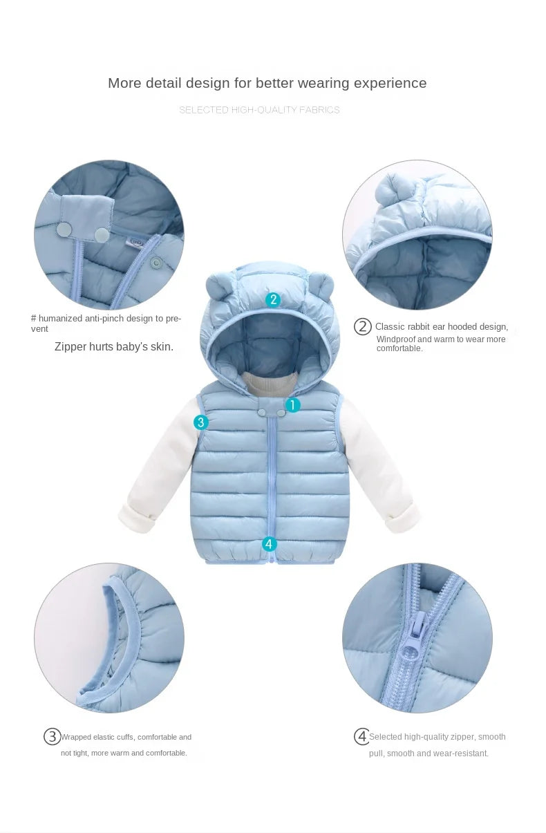 Baby Boys Girl Warm Down Vest Toddler Cotton Waistcoat Children Autumn and Winter Clothes Kids Hooded Jackets 1-6 Years Old