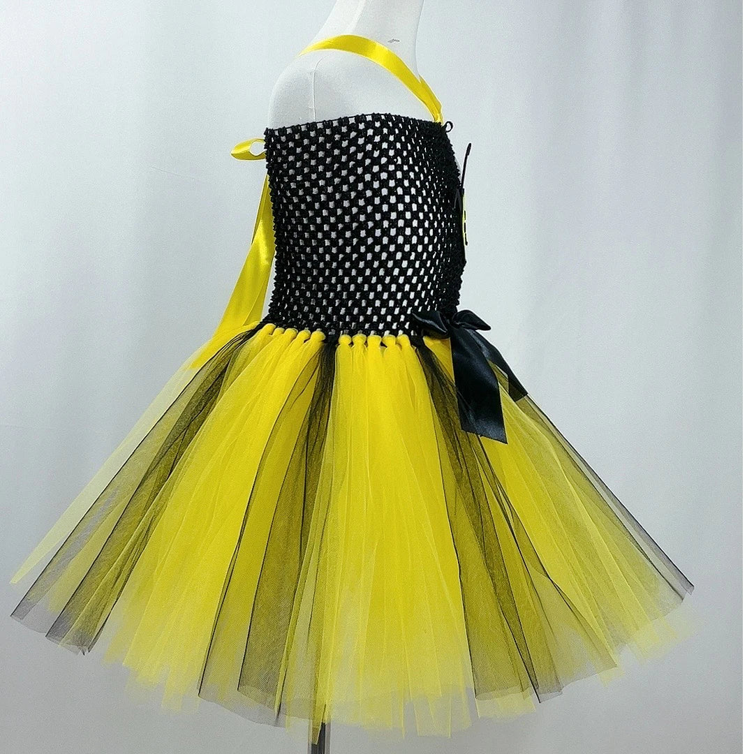 Bumble Bee Tutu Dress for Baby Girls Birthday Outfit Halloween Costume for Kids Honeybee Cosplay Dresses with Wing Headband Set