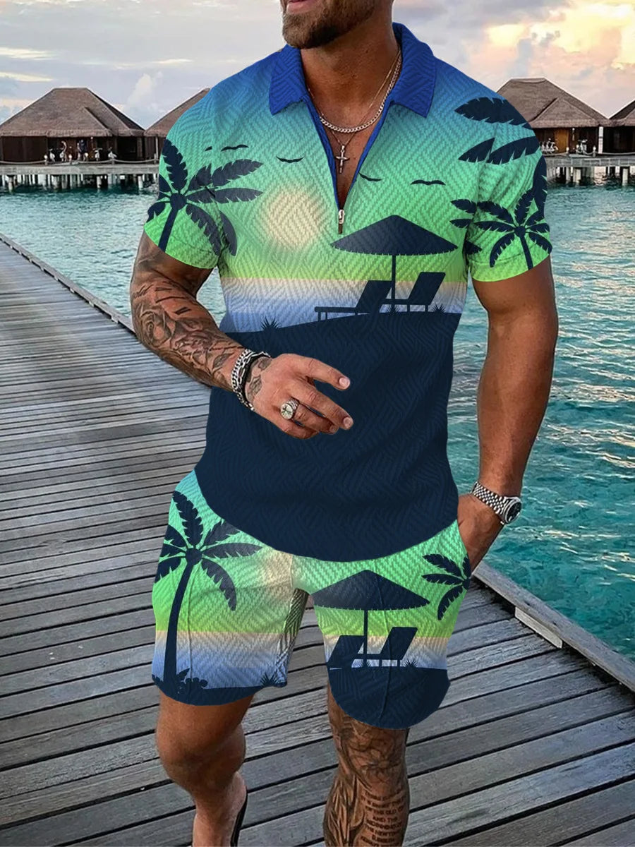 Hawaiian Coconut Tree Print Men's Sets Fashion Zip Polo Short Sleeve Top +Shorts Outfit Summer Beach Vacation Oversized Tee Suit