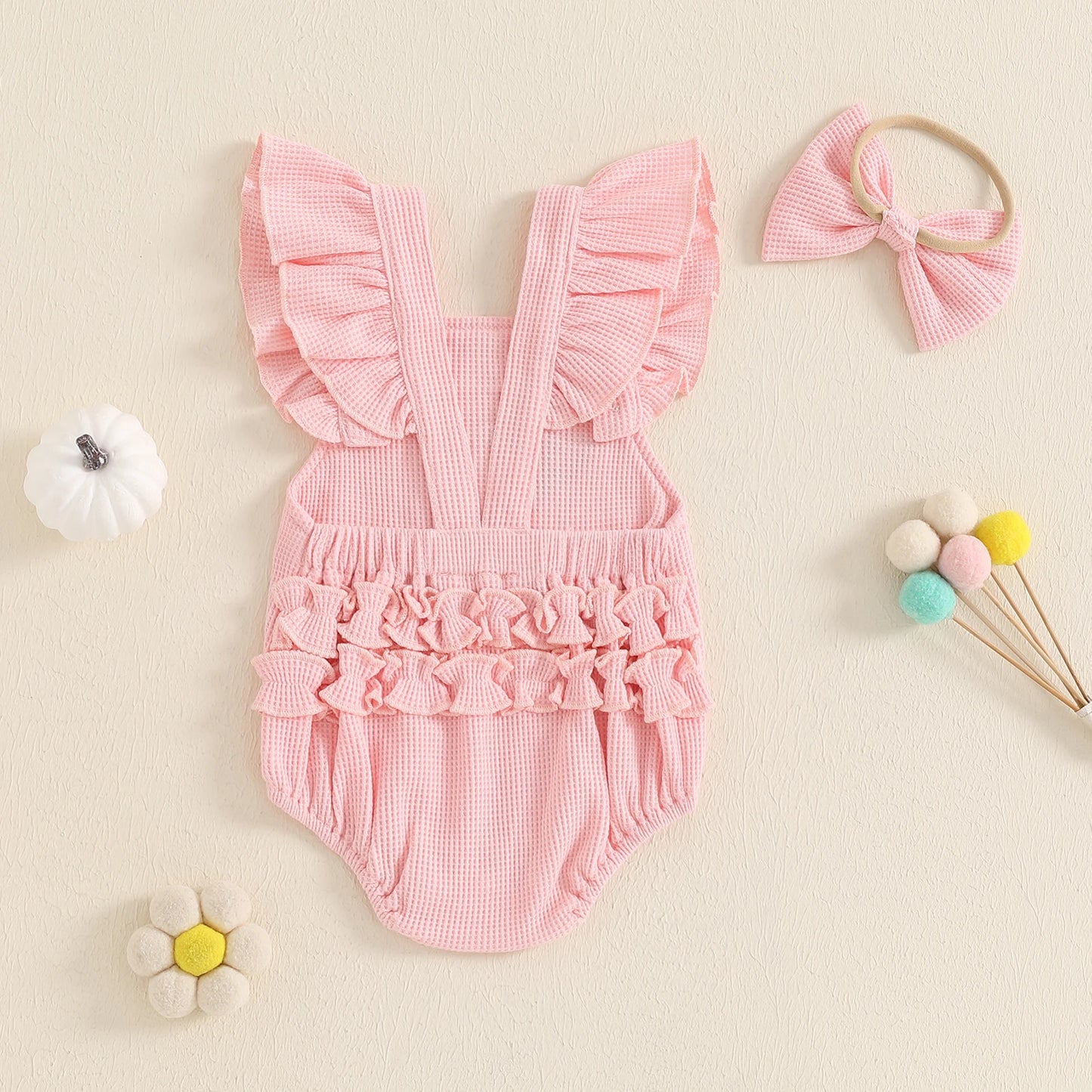 BeQeuewll Flying Sleeve Newborn Baby Girls Bodysuit Cute Infant Outfits Embroidery Ghost Romper with Hairband Halloween Clothes