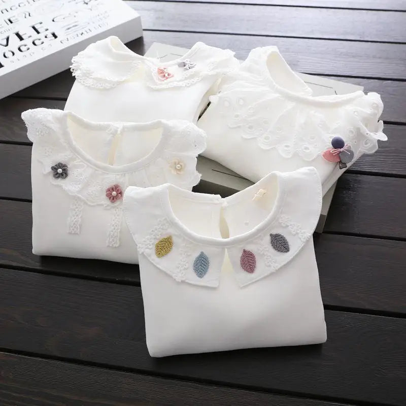 Children's Shirts School Girls White Tops Long Sleeve Lace Shirts Kids Shirt Baby Toddler Teen Casual Children Clothes