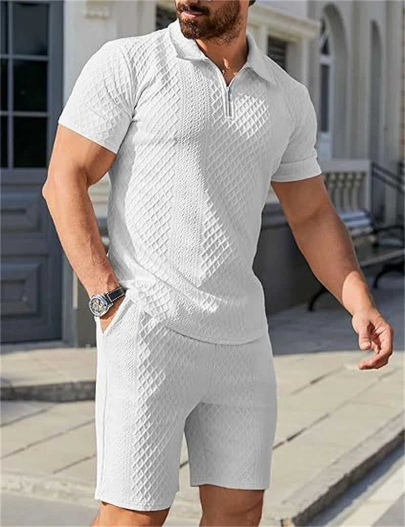 2025 New Men Suit Fashion Men's Summer Jacquard Half Zip Short Sleeve Polo Shirt+Shorts 2 PCS Sets Men Casual Sports Suit