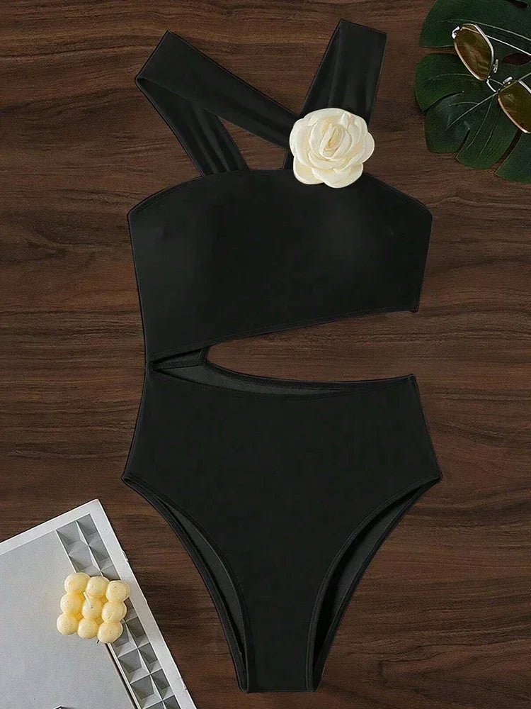 3D Flower Solid 2024 One-shoulder Swimwear Women Sexy Push UP Hollow One Piece Swimsuit Monokini Summer Beach Lady Bathing Suit
