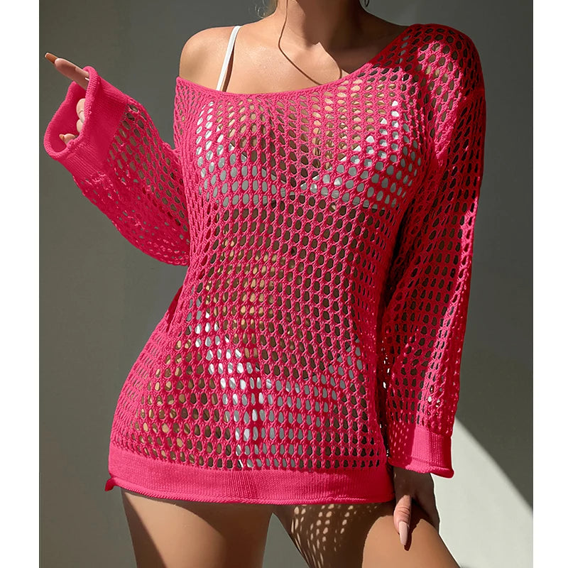Knitting Loose Swimsuit Cover-Ups Sexy Hollow Out Round Collar Top Women Summer Beach Holiday Fashion Sunscreen Smock Top