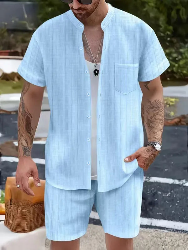 Spring/summer solid color Henry collar pocket suit for men. Shirt casual short sleeve shorts beach loose fashion suit