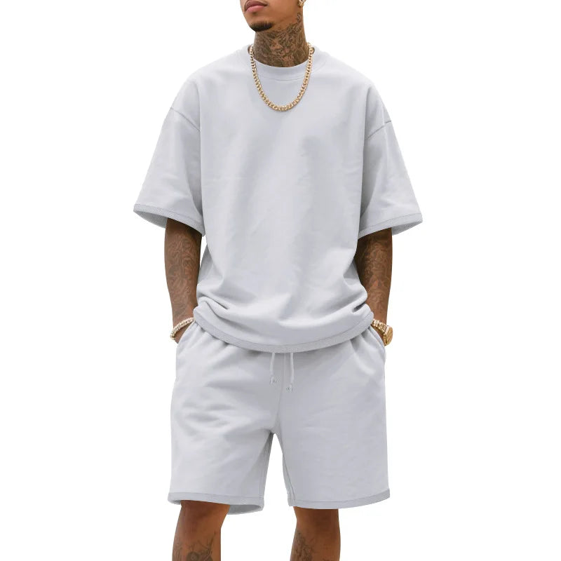 2025 100% Cotton Men's Summer American-Style Loose High Street Hip-Hop Sport Short-Sleeved Set with Shorts