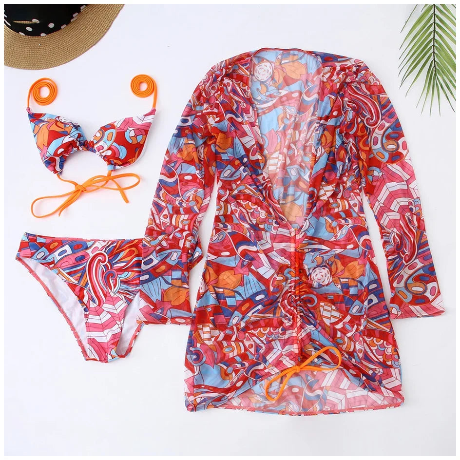3 Pack Bikini Swimsuit With Shirt Cover Up Sets Women Halter Three Pieces Printed Lace Up Triangle Ruched Mesh Swimwear