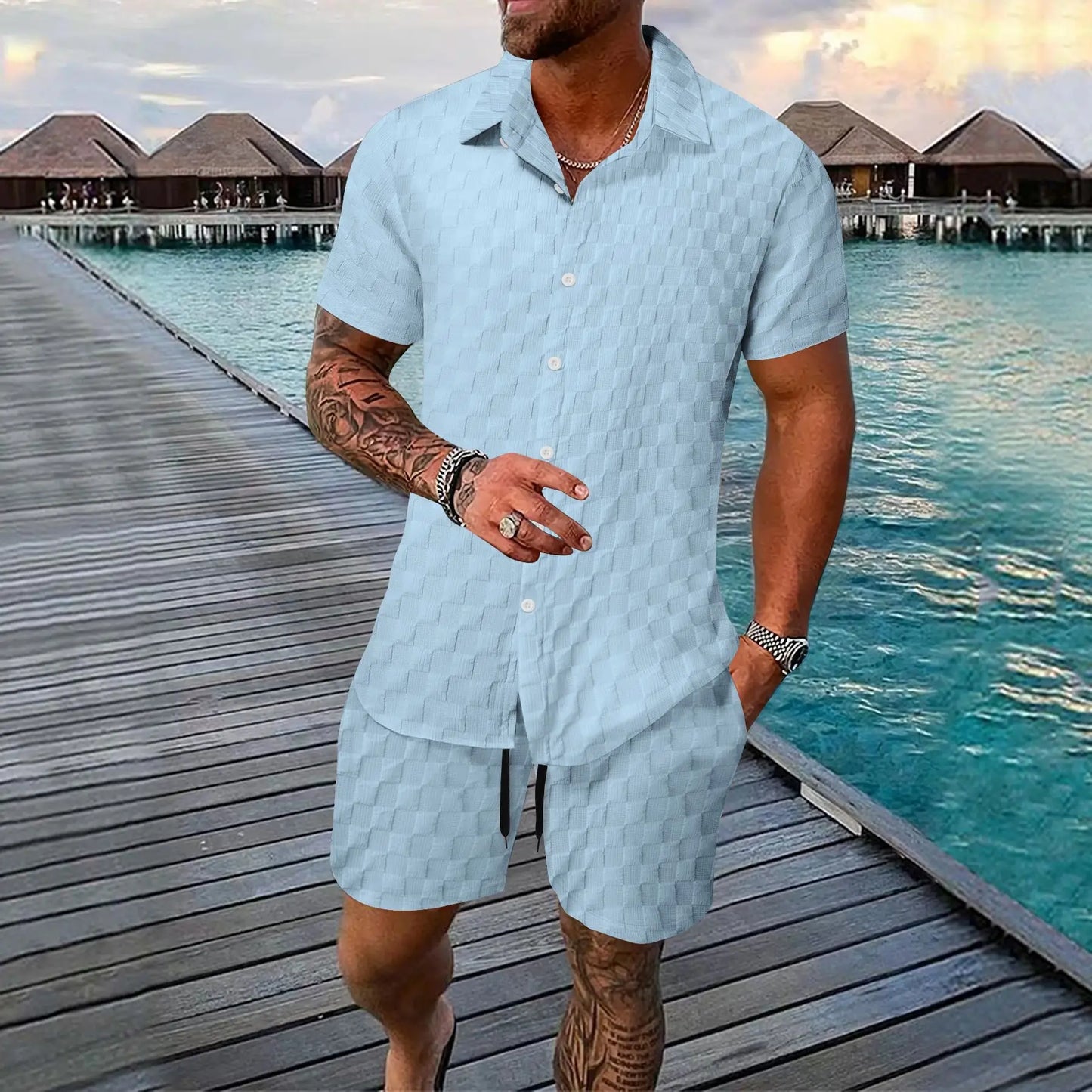2025 Europe and America new summer men's loose fashion solid color casual mix short sleeve T-shirt shorts suit