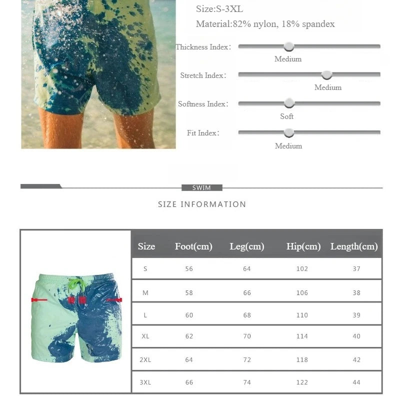 Magical Color Changing Board Shorts Men Summer Discoloration Swimming Trunks Swimwear Swim Surf Short Wear Quick Dry Beach Pants