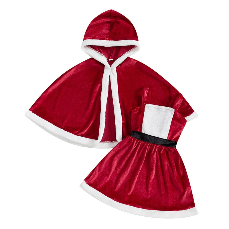 Girls Christmas Outfit Set with Santa Terry Trim Sleeveless A-Line Dress and Hooded Cloak - Festive Holiday Clothing for Kids