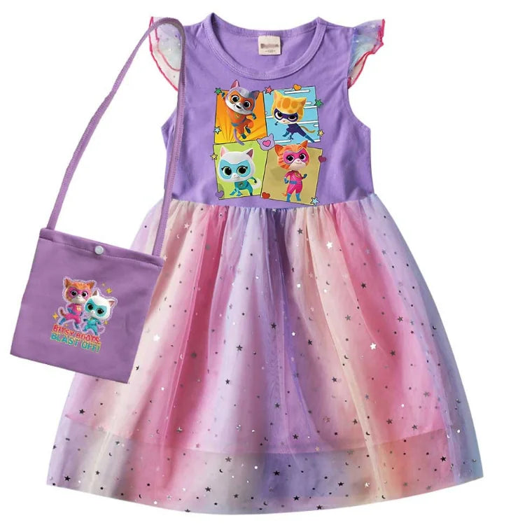 children SuperKitties Costume kids Cosplay Super Kitties clothes for Girls Flying Sleeves A-Line Dress with Bag and Headband
