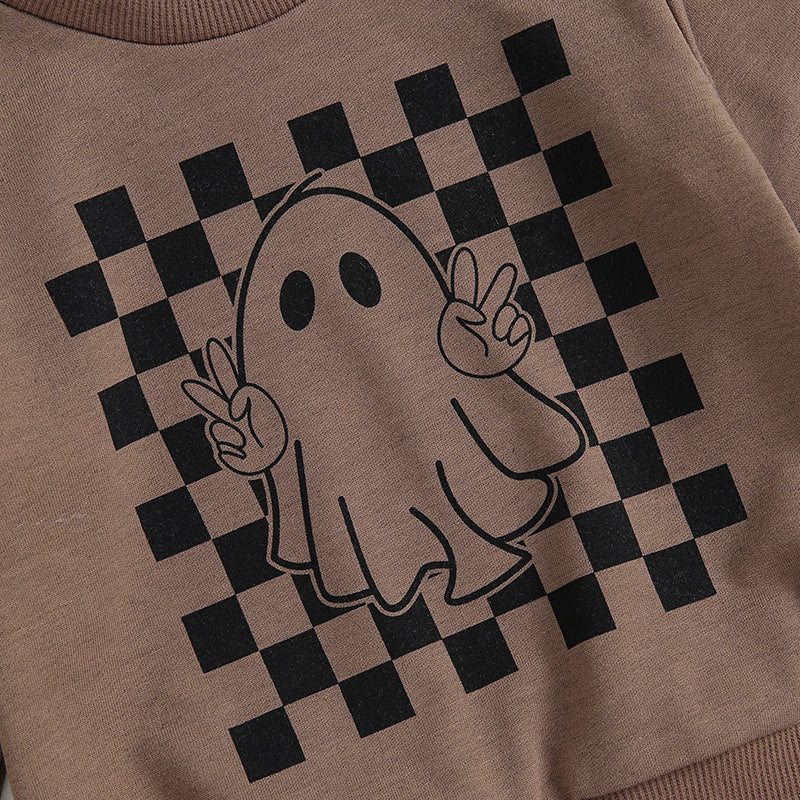 2023-05-25 Lioraitiin 0-3Years Boys 2Pcs Fall Outfits Checkerboard Ghost Print Crew Neck Long Sleeve Sweatshirts Long Pants