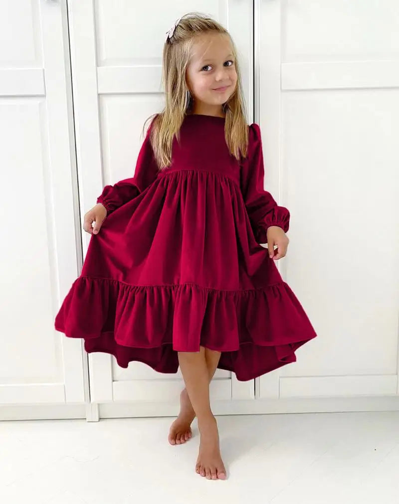 New 7-12 years Girls Spring Autumn Winter Velvet Long Sleeve Ruffle Hem Dress Princess Kids Party Dressess Children Clothing
