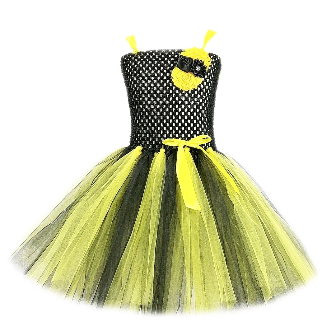 Bumble Bee Tutu Dress for Baby Girls Birthday Outfit Halloween Costume for Kids Honeybee Cosplay Dresses with Wing Headband Set