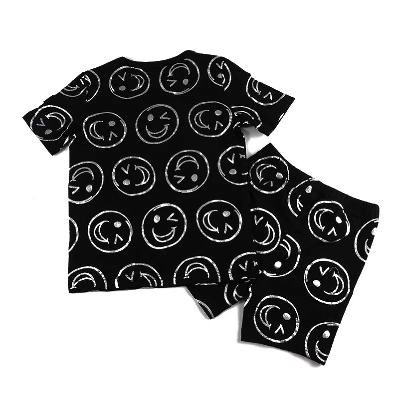 AA-kids boy summer spring fashion clothes 2pcs set cotton long sleeve and short sleeve 2pcs clothes set smile print black set