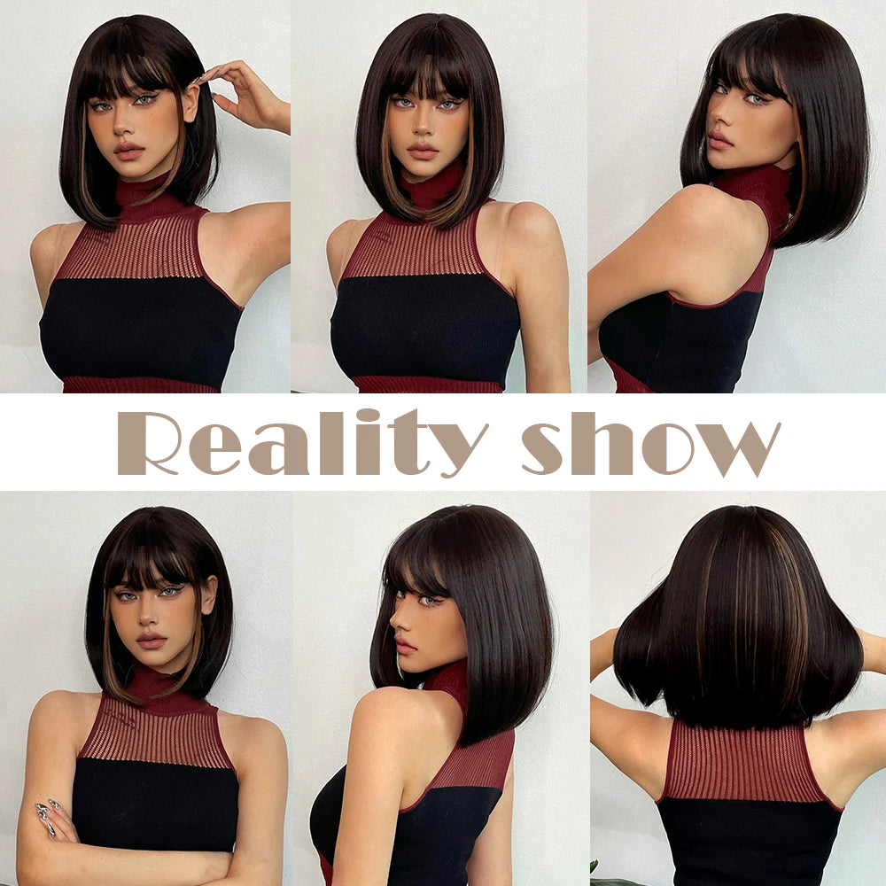 Short Straight Bob Wigs with Bangs Black Brwon Highlight Wig Daily Cosplay Natural Synthetic Hair Wigs for Women Heat Resistant