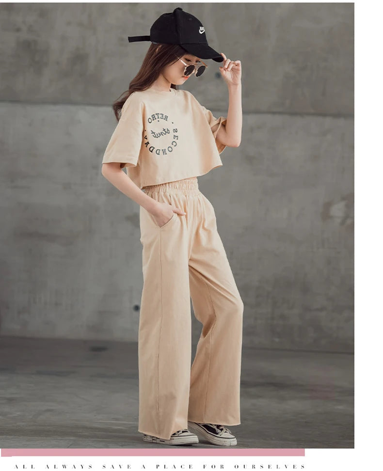 2024 New Spring Summer Teenager Girls Clothing Sets Children Short Tops T Shirt + Pants 2Pcs Kids Tracksuit 5 6 8 10 12 14 Years