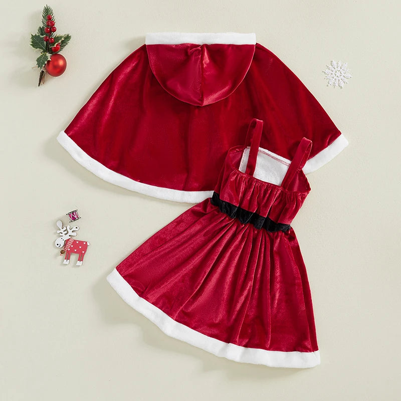 Girls Christmas Outfit Set with Santa Terry Trim Sleeveless A-Line Dress and Hooded Cloak - Festive Holiday Clothing for Kids