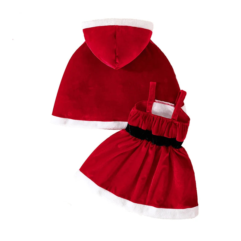 Girls Christmas Outfit Set with Santa Terry Trim Sleeveless A-Line Dress and Hooded Cloak - Festive Holiday Clothing for Kids