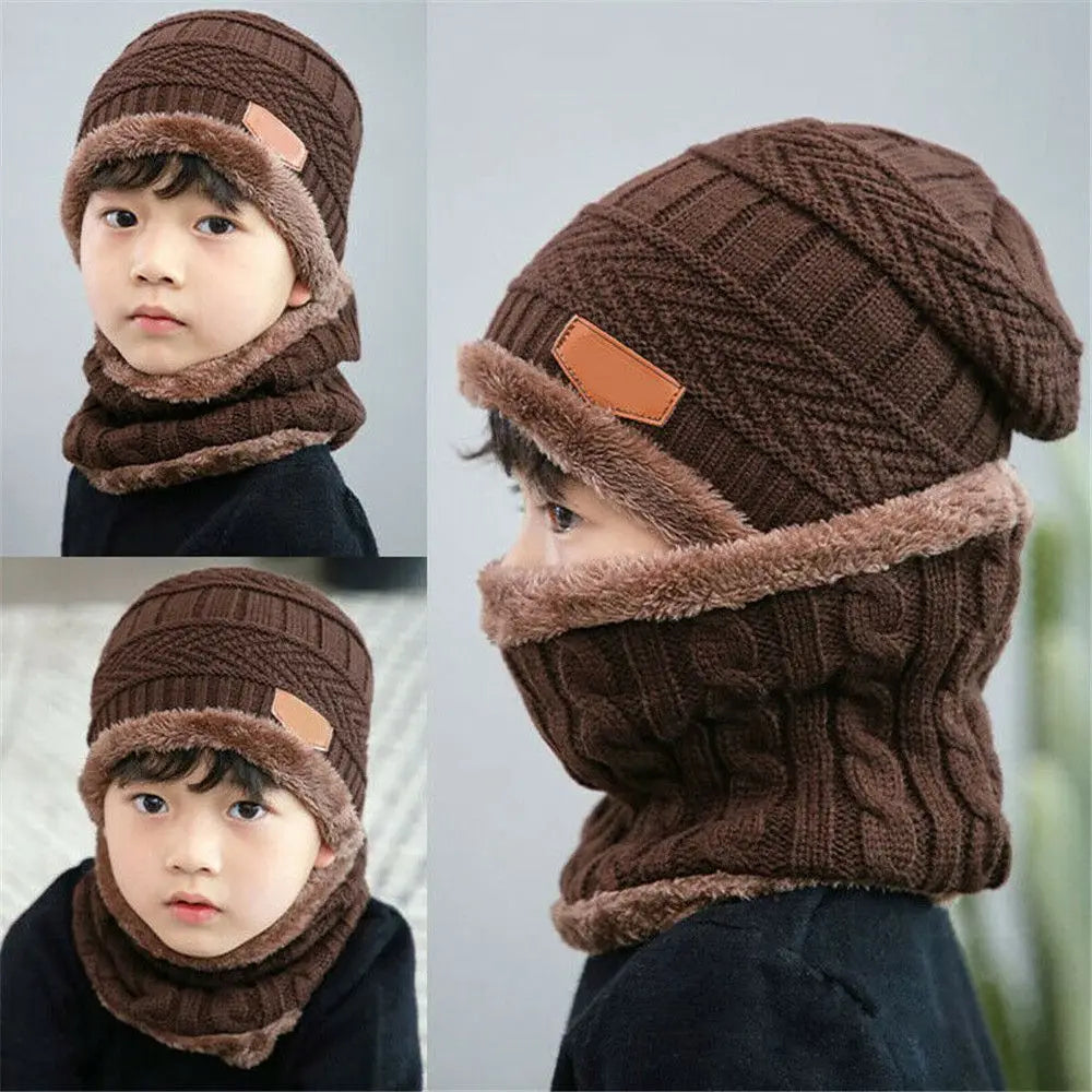 Kids Winter Neck Scarf Cap Set Fashion Beanie Warm Hat Scarf Set Neck Cover Fleece Knitted Thick Ski Cap Warm Balaclava Hat