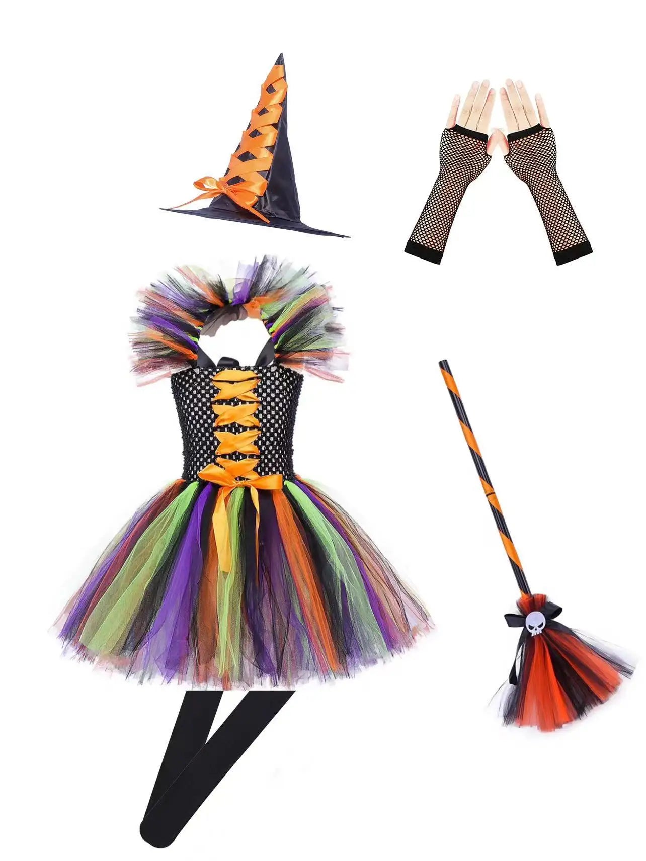Halloween New Witch Dress Cosplay Costume Dress for Girl Carnival Party Dress Hat Broom Fancy Clothes Suit