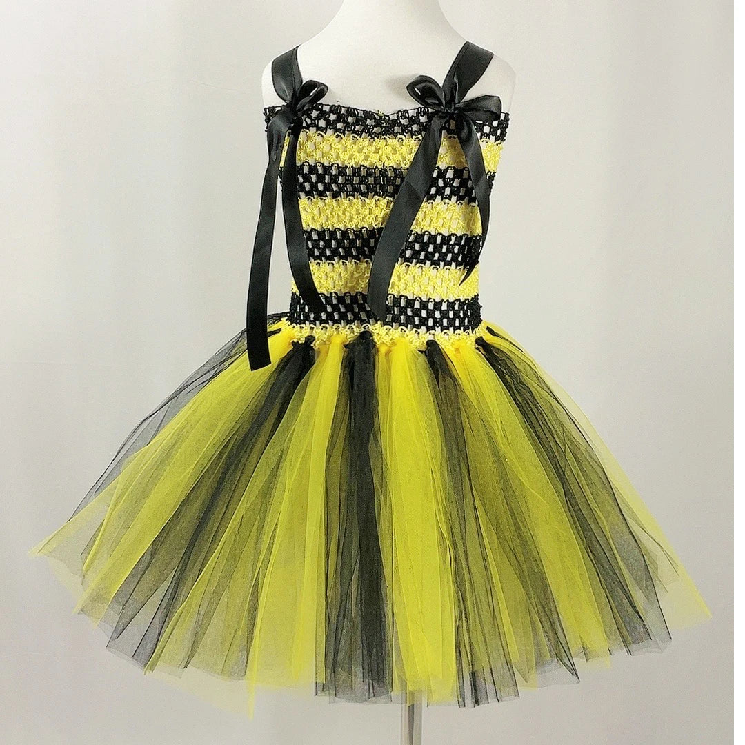 Bumble Bee Tutu Dress for Baby Girls Birthday Outfit Halloween Costume for Kids Honeybee Cosplay Dresses with Wing Headband Set
