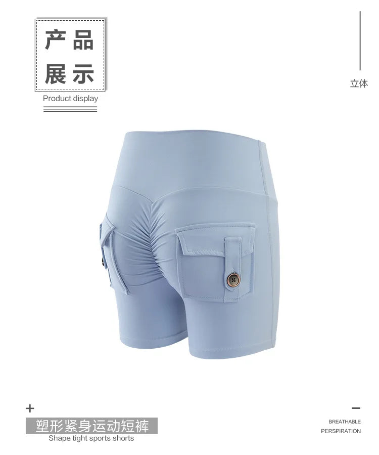Shorts Women Sport With Pocket Buttocks Fitness Workout High Waist Tights Leggings Push Up Cycling Shorts Scrunch Gym Clothing