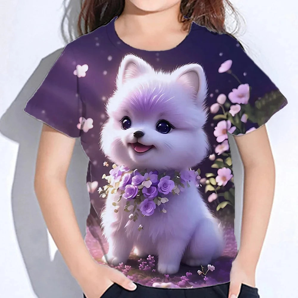 T-Shirt for Girl Short Sleeve Cat Graphic T Shirts Polyester Kids Clothes Print Tee Shirt O-Neck Tops Casual Children's Clothing