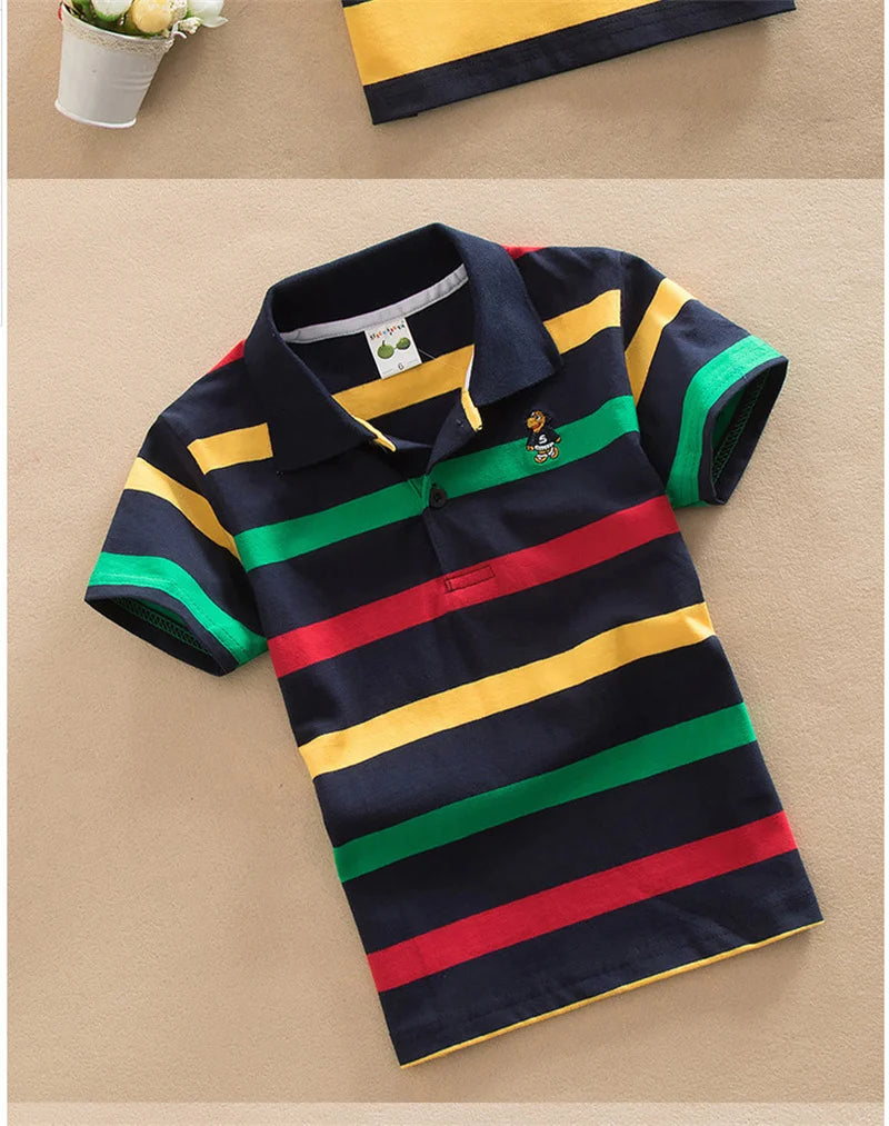 T-shirt For Boys Summer Children Short Sleeve Stripe Tees Cartoon Bear Embroidery Tops Teens Breathable Polo Shirt Kids Clothing