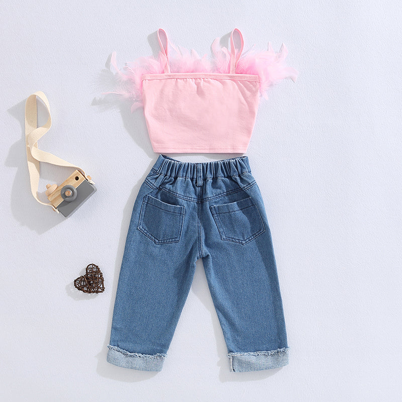 FOCUSNORM Little Girls Fashion Clothes Sets 1-6Y Ruffles Fur Feather Sleeveless Camisole Tops+High Waist Denim Pants 2pcs