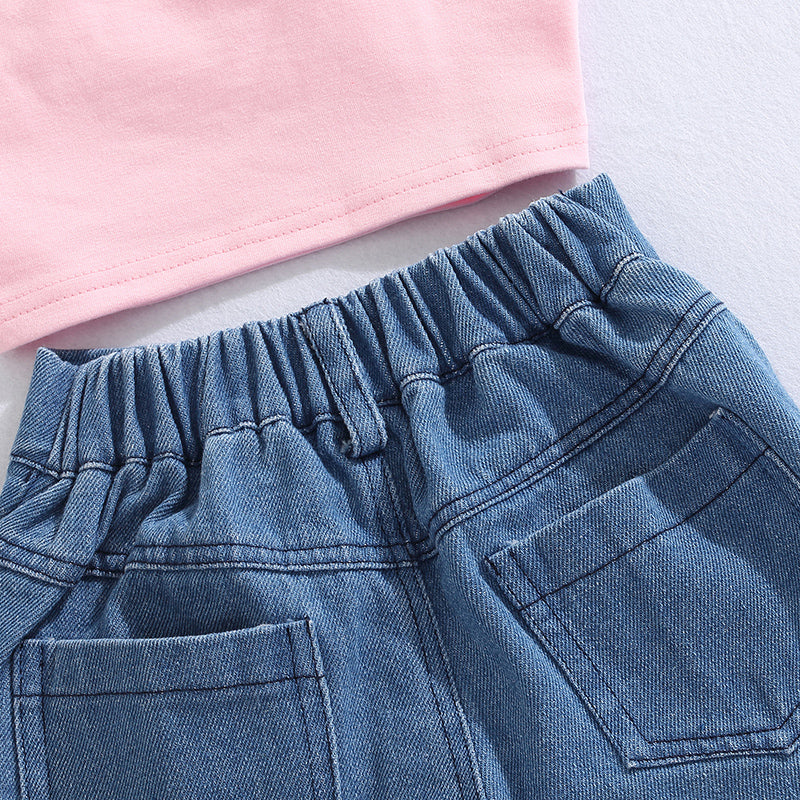 FOCUSNORM Little Girls Fashion Clothes Sets 1-6Y Ruffles Fur Feather Sleeveless Camisole Tops+High Waist Denim Pants 2pcs