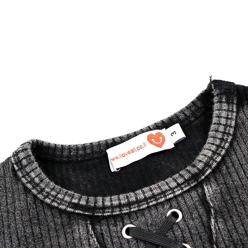 2024 ribbed black washed sets with string winter clothes dress for girls childhood shirts and baby pants black tired dresses