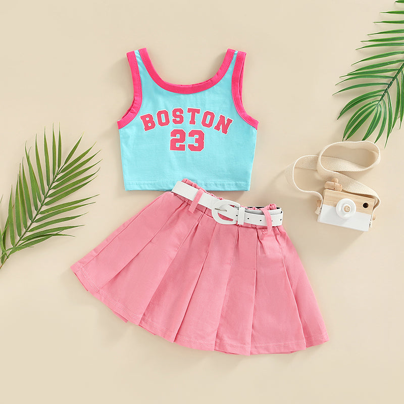 FOCUSNORM 1-6Y Fashion Little Girls Kids Clothes Sets 2pcs Letter Patchwork Sleeveless Causal Vest+Solid Pleated Skirts+Belt
