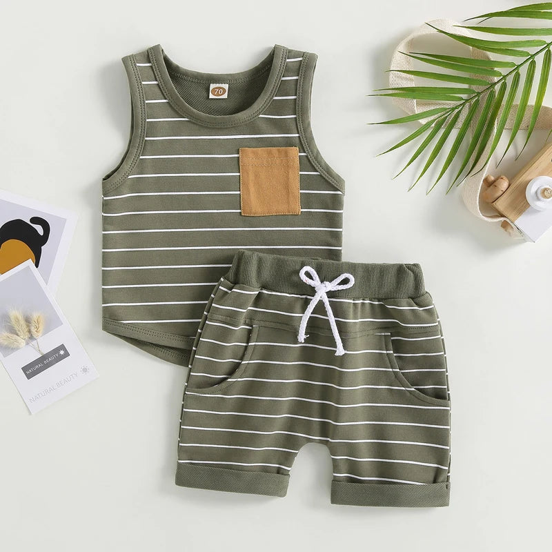 2023-03-01 Lioraitiin 0-4Years Kids Baby Boy 2Pcs Summer Outfits Striped Sleeveless Tank Tops and Stretch Shorts Pocket Set