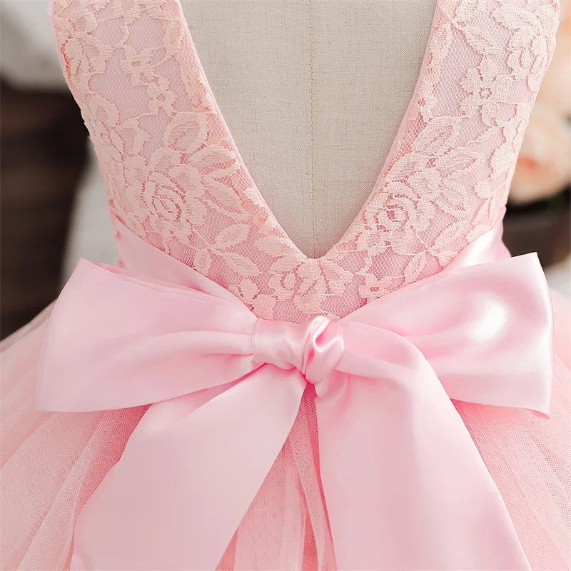 Flower Girl Dresses for Wedding Kids Lace Backless Tulle Tutu Princess Prom Party Clothes Baby 1st Birthday Baptism White Dress