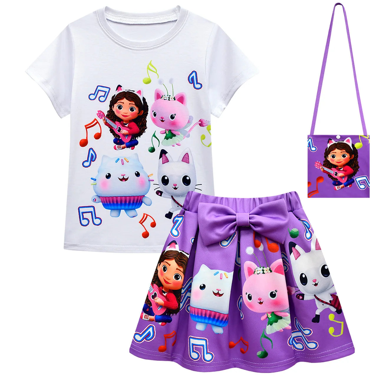 GabyDoll Cat house Girls Clothes Sets Summer Cats-tastic Tops+Bow Cartoon Print Skirt+Bag+Headband 4pcs Children's Clothing Suit