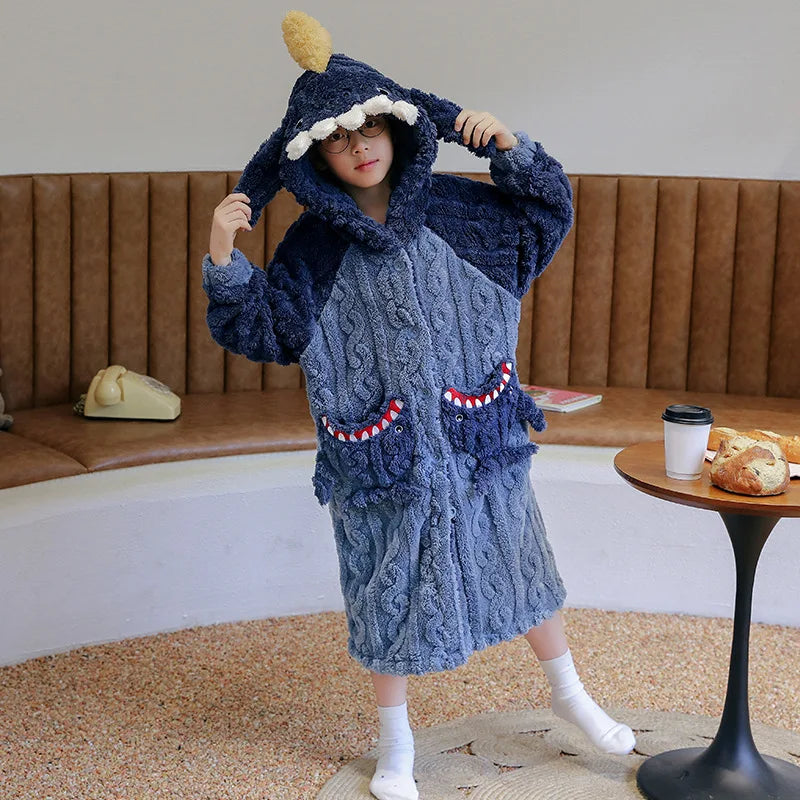 Kids Winter Bathrobe Thicken Warm Home Robe Baby Homewear Animal Dinosaur Cartoon Bathrobe For Children Hooded Gilrs Boys Robe